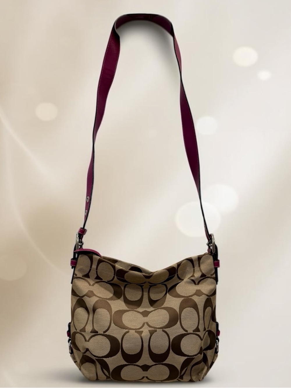 Coach F15067 Signature Duffle Crossbody Bag Khaki Brown Fuchsia Pink + Dust Bag